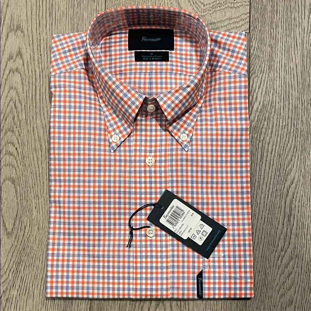 Faconnable Men's Orange and White Checkered Shirt